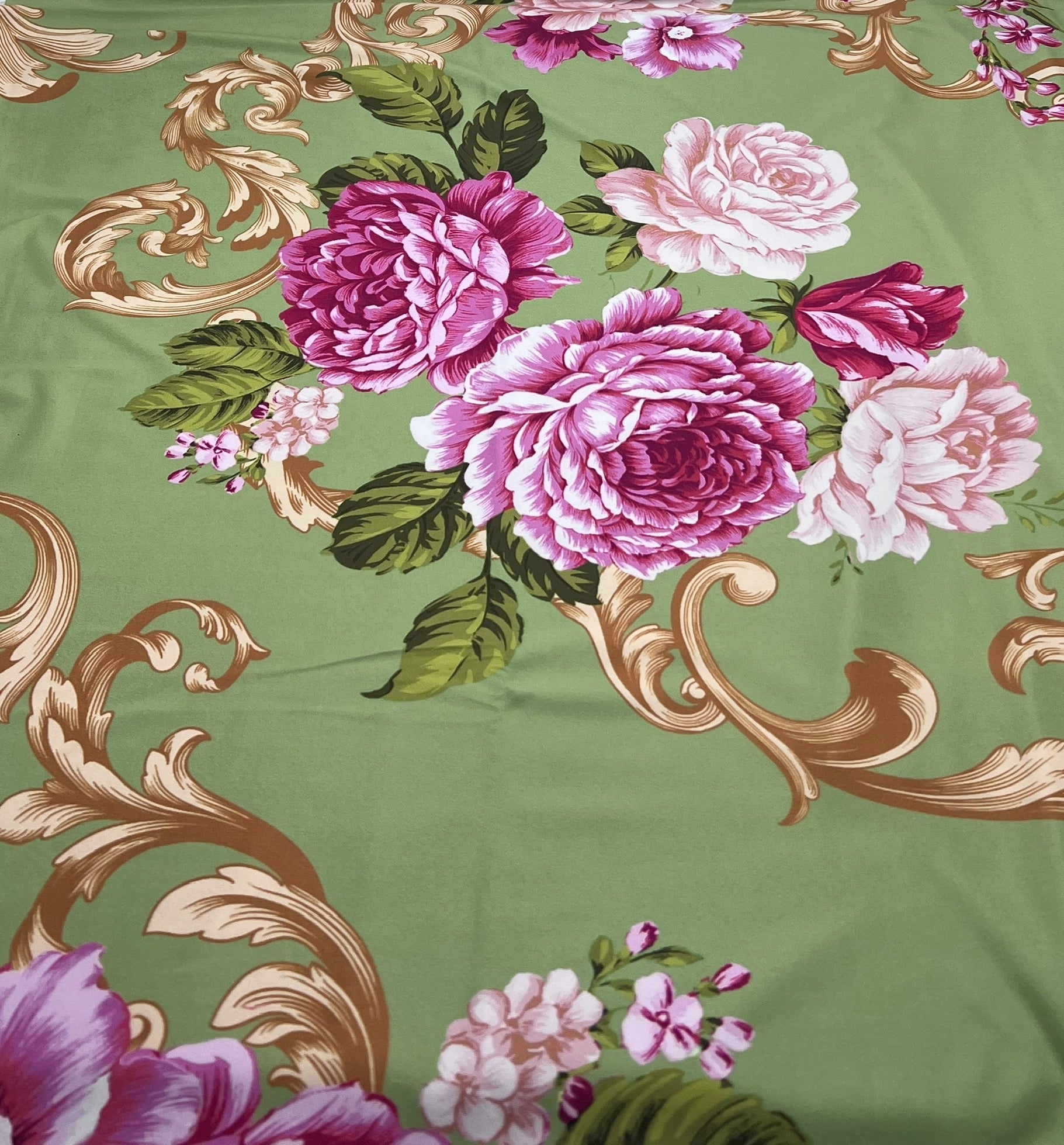 Green Gold Rose Print Soft Touch Stretch Fabric - T9 Fabrics
